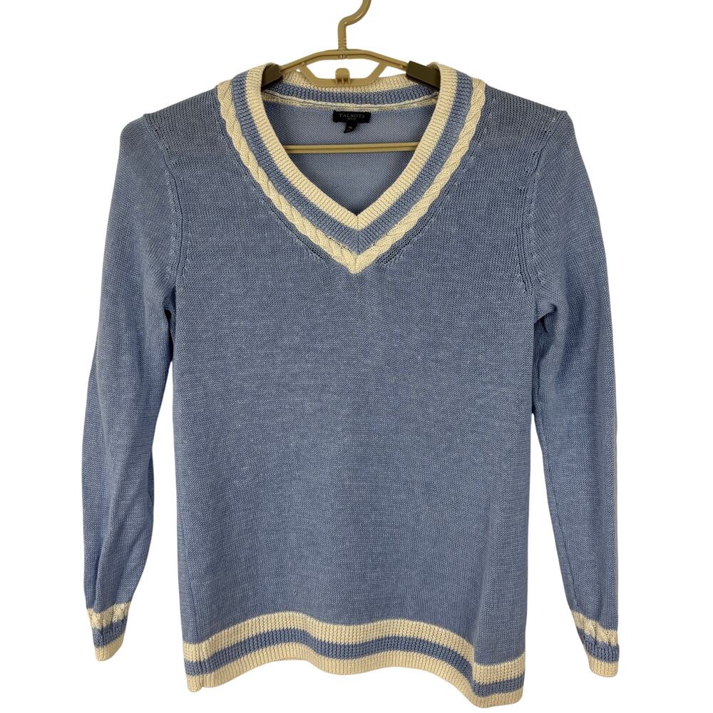 Talbots Blue Linen Varsity Tennis Sweater V-Neck Stripes Medium Petite preppy
